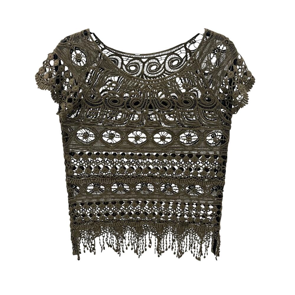 Boho Crochet Macrame Fringe Top Olive Green Short Sleeve Festival Cover Up